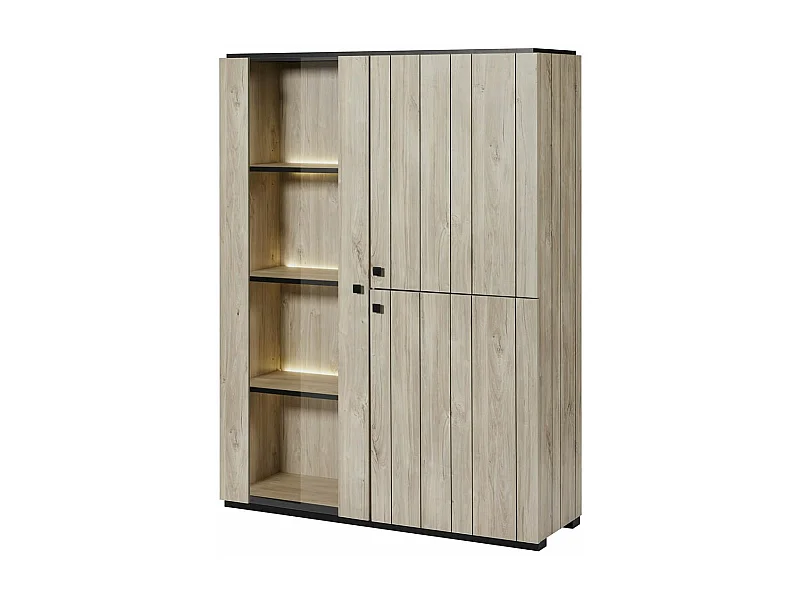 Argentier 3 portes dont 1 vitrée avec Leds aspect lames de bois finition Beach - THOMAS