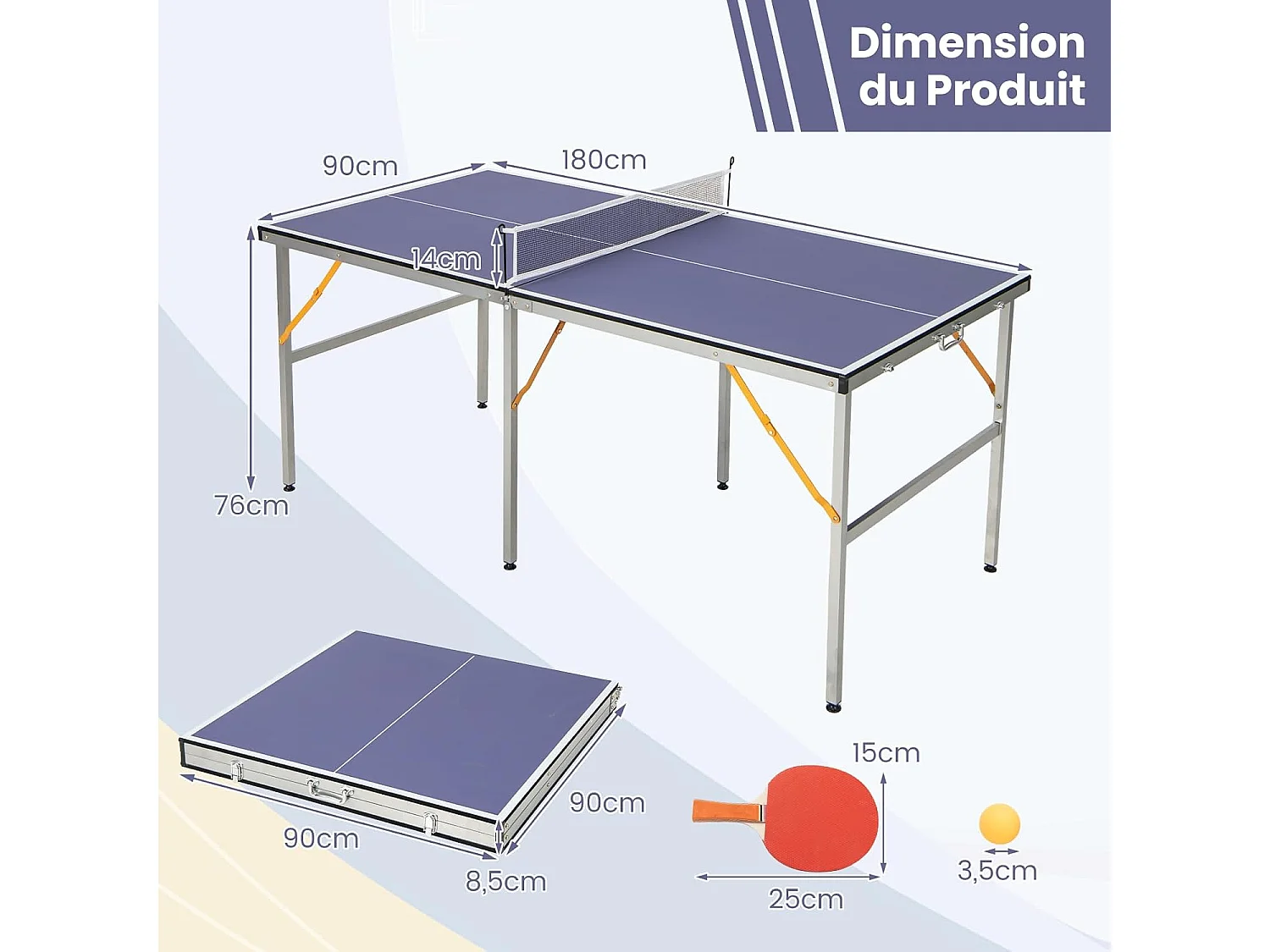 Table de Ping-Pong Pliable Peu Encombrante avec Filet, Tennis de Table avec 2 Raquettes 3 Balle Pieds Réglables, pour Extérieur et Intérieur 180 x 90 x 76 cm (Bleu)