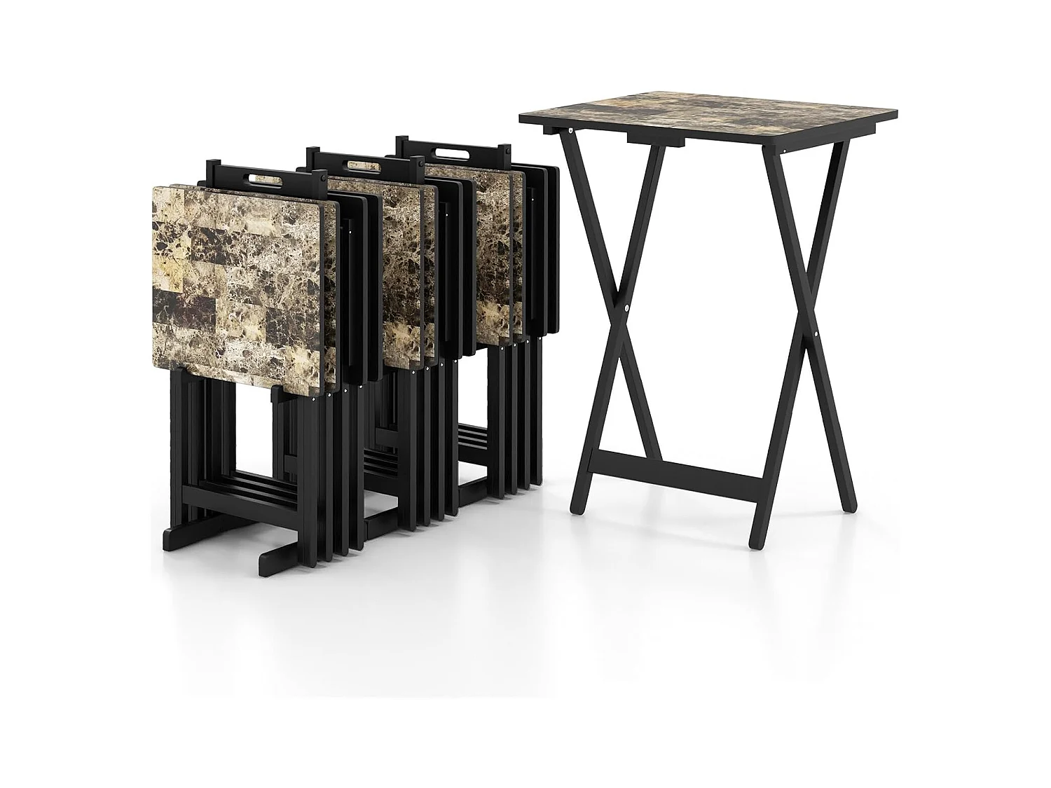 Set de 4 Tables de Jardin Pliantes en Bois, Table Basse Extérieur Charge 30KG avec Plateau Imitation Marbre, pour Jardin Balcon Salon, 48 x 40 x 67 cm, Noir