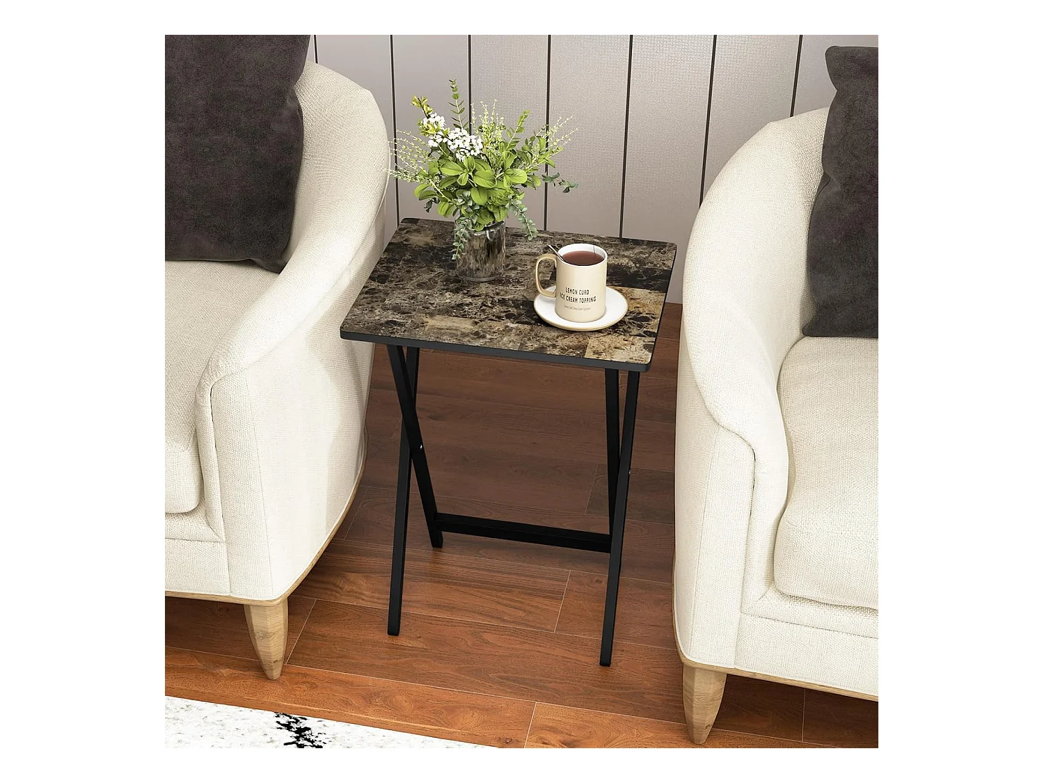 Set de 4 Tables de Jardin Pliantes en Bois, Table Basse Extérieur Charge 30KG avec Plateau Imitation Marbre, pour Jardin Balcon Salon, 48 x 40 x 67 cm, Noir