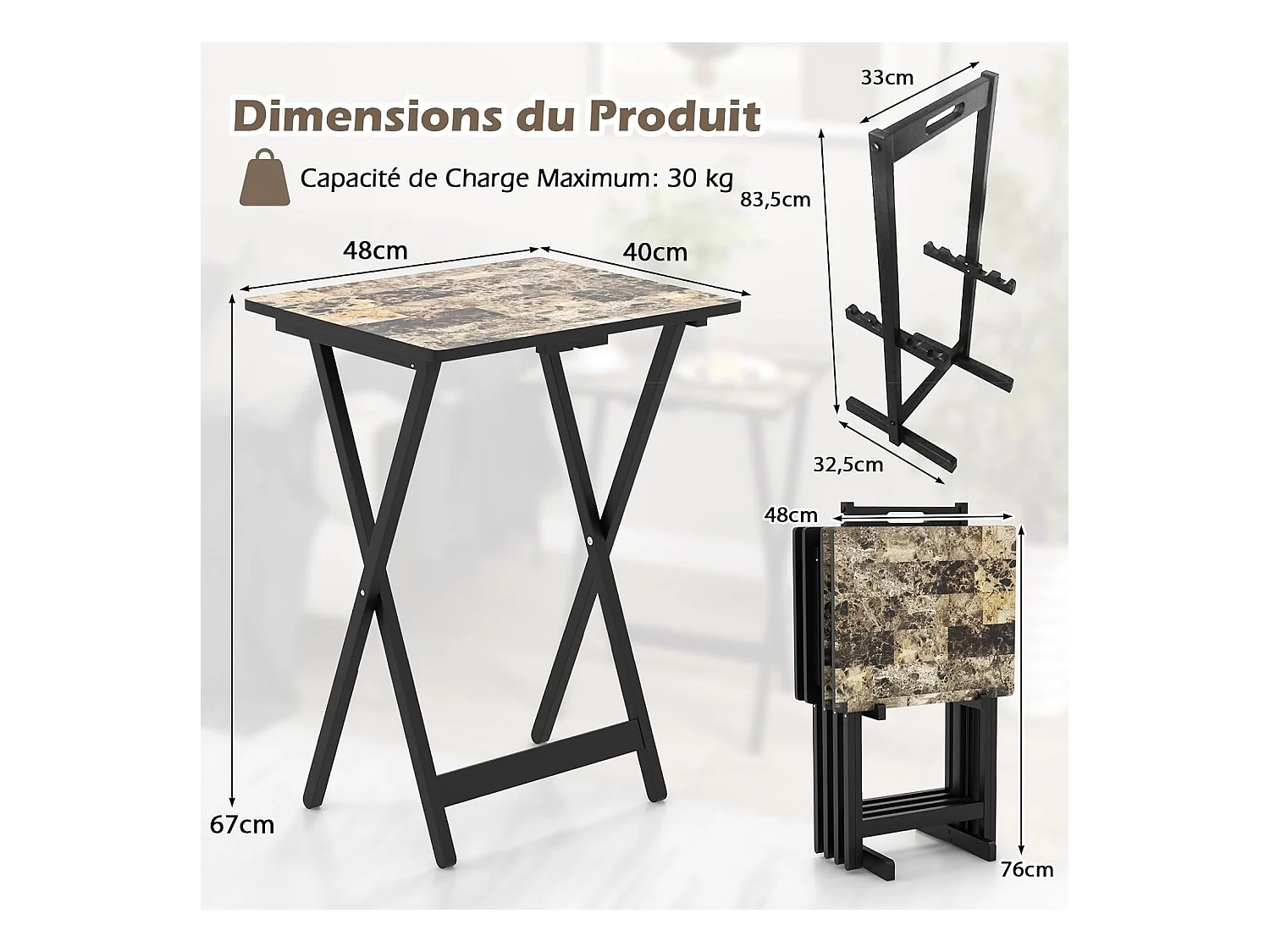 Set de 4 Tables de Jardin Pliantes en Bois, Table Basse Extérieur Charge 30KG avec Plateau Imitation Marbre, pour Jardin Balcon Salon, 48 x 40 x 67 cm, Noir