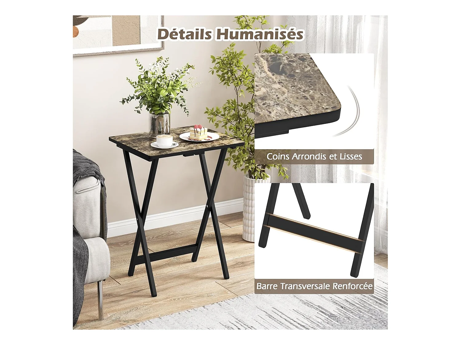 Set de 4 Tables de Jardin Pliantes en Bois, Table Basse Extérieur Charge 30KG avec Plateau Imitation Marbre, pour Jardin Balcon Salon, 48 x 40 x 67 cm, Noir