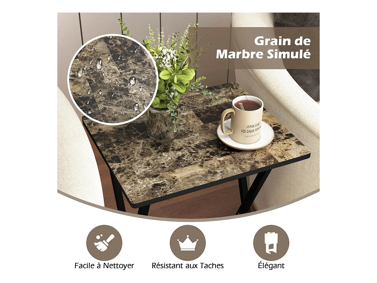 Set de 4 Tables de Jardin Pliantes en Bois, Table Basse Extérieur Charge 30KG avec Plateau Imitation Marbre, pour Jardin Balcon Salon, 48 x 40 x 67 cm, Noir