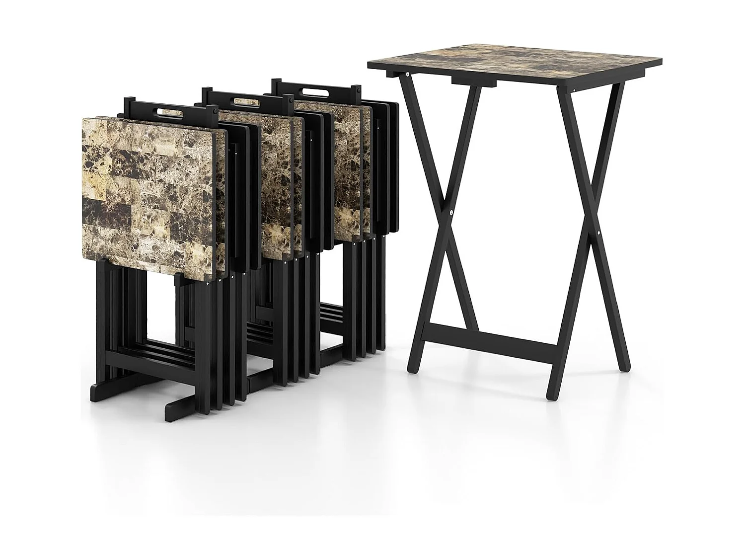 Set de 4 Tables de Jardin Pliantes en Bois, Table Basse Extérieur Charge 30KG avec Plateau Imitation Marbre, pour Jardin Balcon Salon, 48 x 40 x 67 cm, Noir