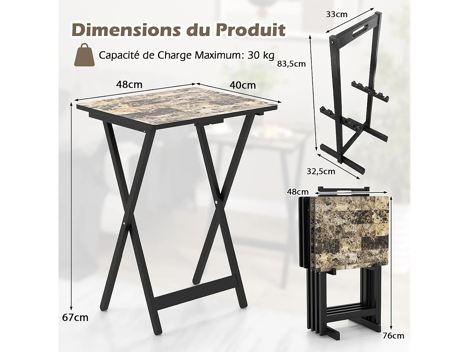 Set de 4 Tables de Jardin Pliantes en Bois, Table Basse Extérieur Charge 30KG avec Plateau Imitation Marbre, pour Jardin Balcon Salon, 48 x 40 x 67 cm, Noir