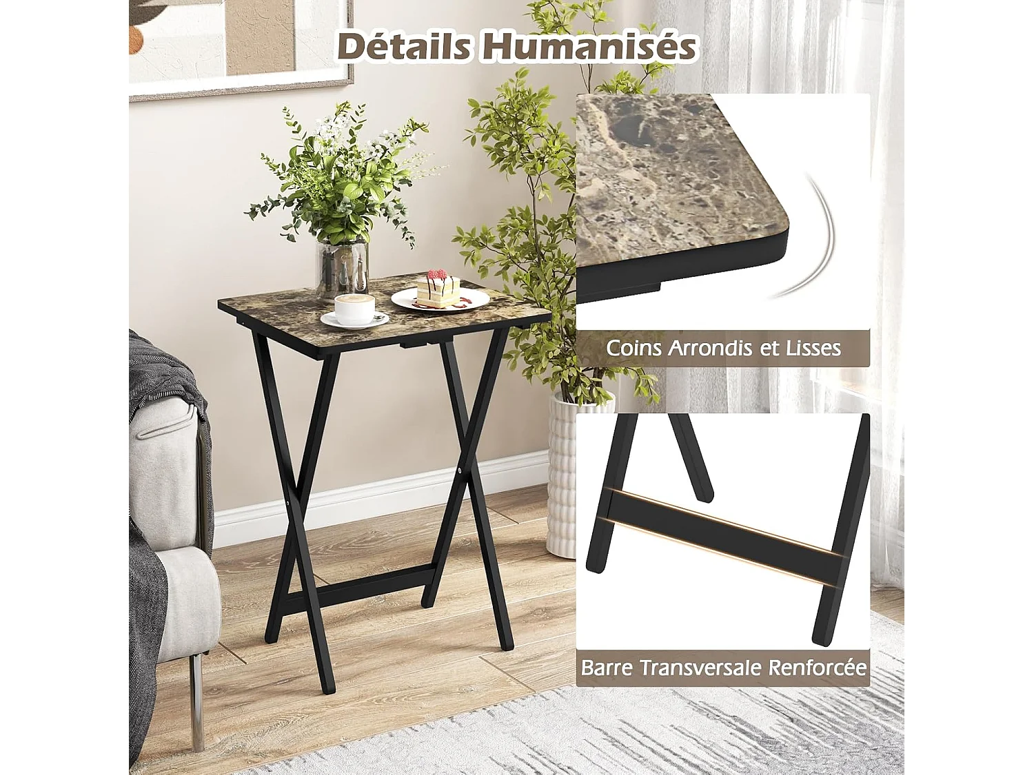 Set de 4 Tables de Jardin Pliantes en Bois, Table Basse Extérieur Charge 30KG avec Plateau Imitation Marbre, pour Jardin Balcon Salon, 48 x 40 x 67 cm, Noir