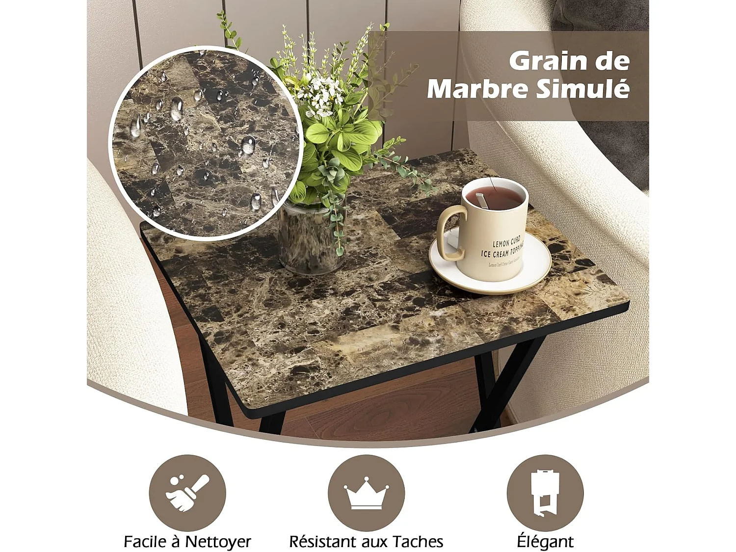 Set de 4 Tables de Jardin Pliantes en Bois, Table Basse Extérieur Charge 30KG avec Plateau Imitation Marbre, pour Jardin Balcon Salon, 48 x 40 x 67 cm, Noir