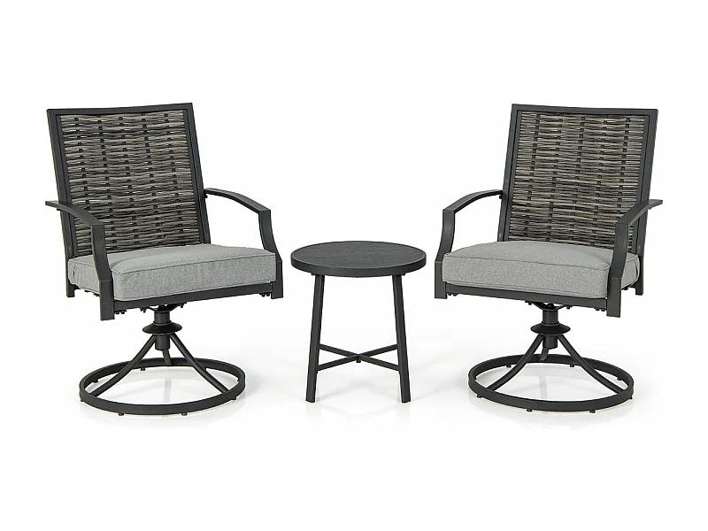 Ensemble de Meubles de Patio 3 Pièces Salon de Jardin avec Chaises en Osier Pivotantes Table Basse Coussins de Siège Cadre en Métal Robuste