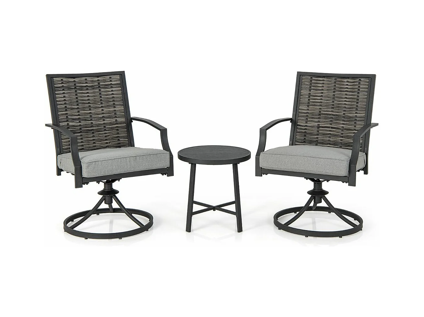 Ensemble de Meubles de Patio 3 Pièces Salon de Jardin avec Chaises en Osier Pivotantes Table Basse Coussins de Siège Cadre en Métal Robuste