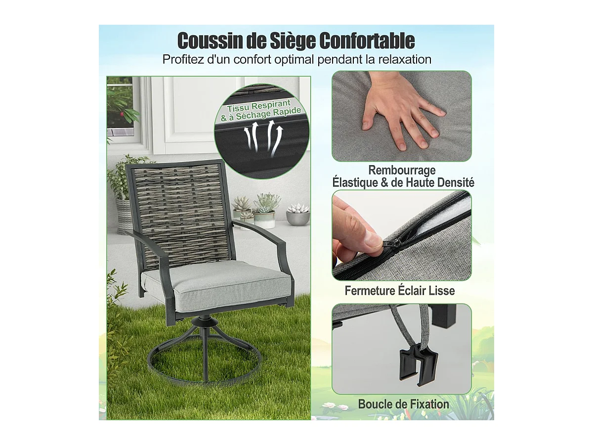 Ensemble de Meubles de Patio 3 Pièces Salon de Jardin avec Chaises en Osier Pivotantes Table Basse Coussins de Siège Cadre en Métal Robuste