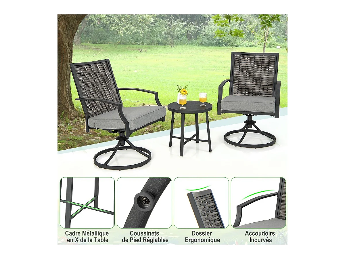 Ensemble de Meubles de Patio 3 Pièces Salon de Jardin avec Chaises en Osier Pivotantes Table Basse Coussins de Siège Cadre en Métal Robuste