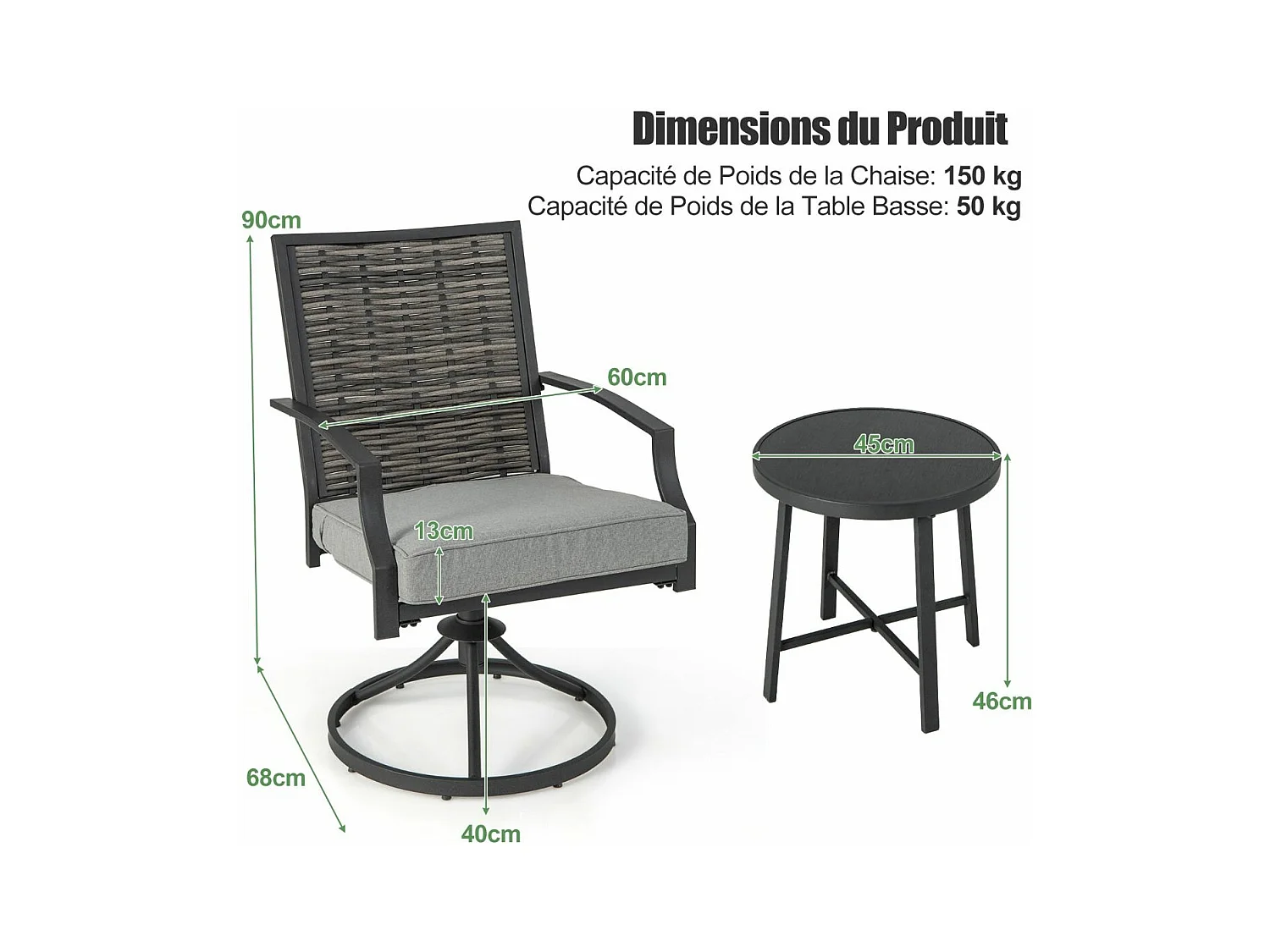 Ensemble de Meubles de Patio 3 Pièces Salon de Jardin avec Chaises en Osier Pivotantes Table Basse Coussins de Siège Cadre en Métal Robuste