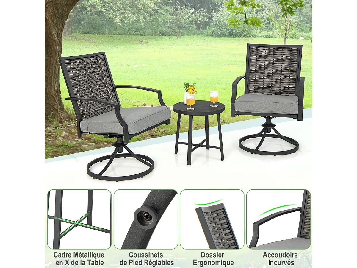 Rotan tuinmeubelset, balkonmeubelen incl. 2 stoelen met draaifunctie, kussen & tafel, balkonset, terrasmeubels, tuingarnituur, zitgroep voor tuin, balkon, terras