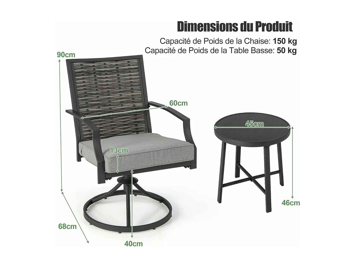 Rotan tuinmeubelset, balkonmeubelen incl. 2 stoelen met draaifunctie, kussen & tafel, balkonset, terrasmeubels, tuingarnituur, zitgroep voor tuin, balkon, terras