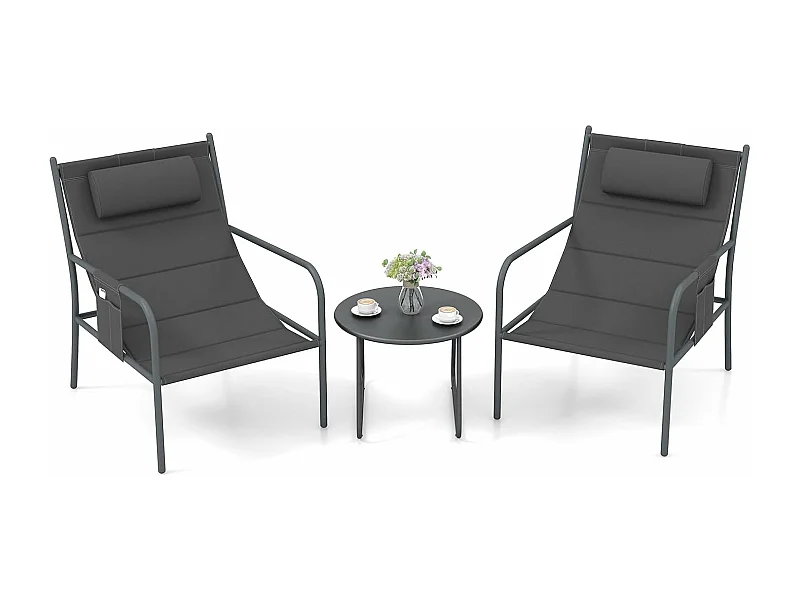 Ensemble de Meubles 3 Pcs de Patio Cadre en Métal Charge 150KG, Salon de Jardin 2 Chaises 1 Table Basse avec Tissu Respirant et Appui-Tête, pour Jardin Balcon, Gris