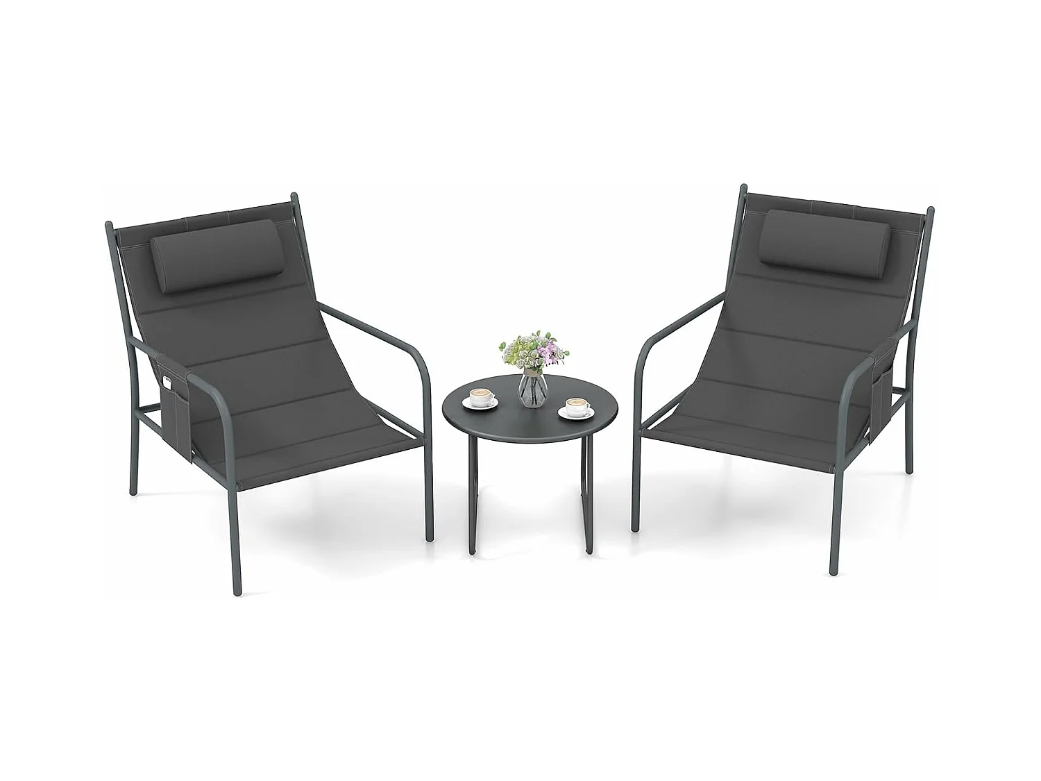 Ensemble de Meubles 3 Pcs de Patio Cadre en Métal Charge 150KG, Salon de Jardin 2 Chaises 1 Table Basse avec Tissu Respirant et Appui-Tête, pour Jardin Balcon, Gris