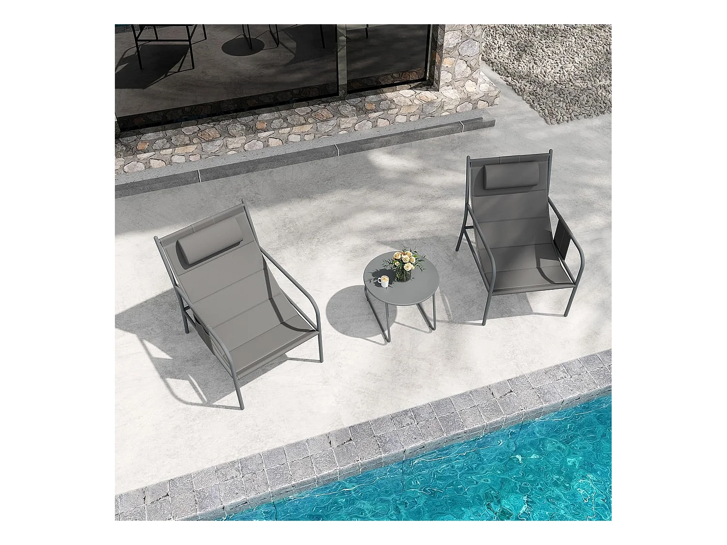 Ensemble de Meubles 3 Pcs de Patio Cadre en Métal Charge 150KG, Salon de Jardin 2 Chaises 1 Table Basse avec Tissu Respirant et Appui-Tête, pour Jardin Balcon, Gris