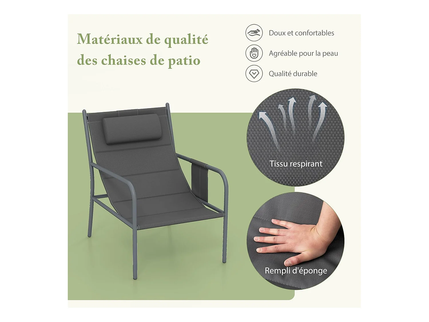 Ensemble de Meubles 3 Pcs de Patio Cadre en Métal Charge 150KG, Salon de Jardin 2 Chaises 1 Table Basse avec Tissu Respirant et Appui-Tête, pour Jardin Balcon, Gris