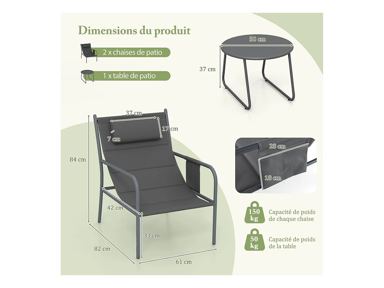 Ensemble de Meubles 3 Pcs de Patio Cadre en Métal Charge 150KG, Salon de Jardin 2 Chaises 1 Table Basse avec Tissu Respirant et Appui-Tête, pour Jardin Balcon, Gris
