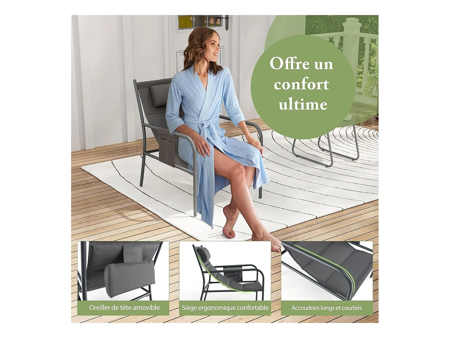 Ensemble de Meubles 3 Pcs de Patio Cadre en Métal Charge 150KG, Salon de Jardin 2 Chaises 1 Table Basse avec Tissu Respirant et Appui-Tête, pour Jardin Balcon, Gris