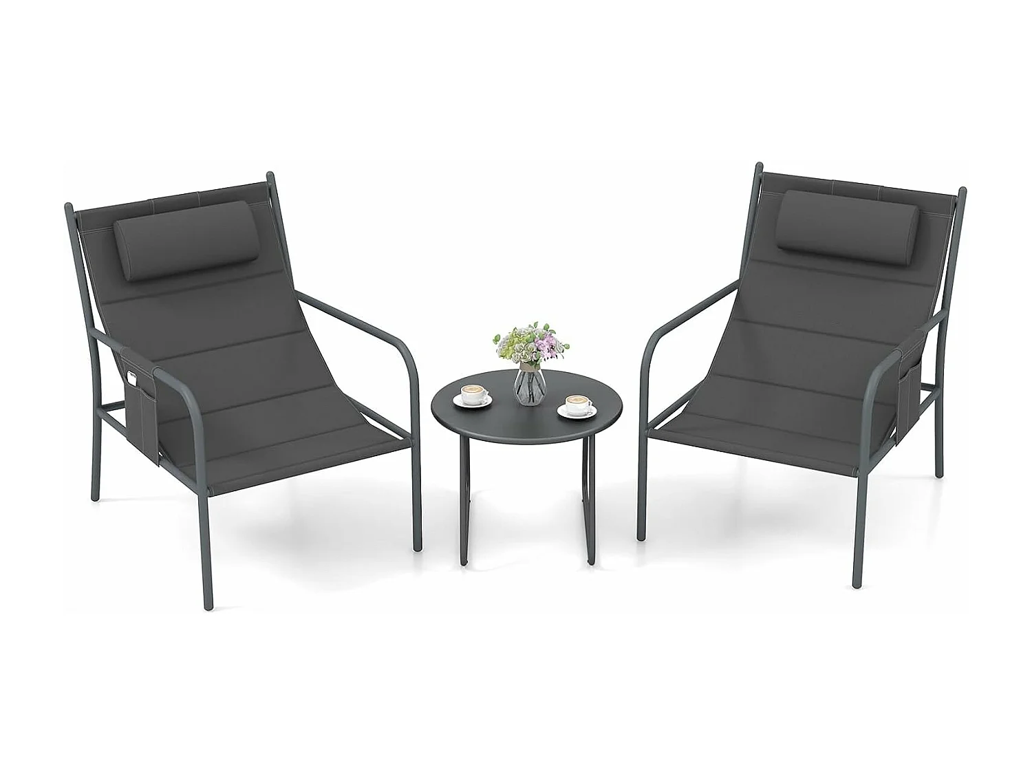 Ensemble de Meubles 3 Pcs de Patio Cadre en Métal Charge 150KG, Salon de Jardin 2 Chaises 1 Table Basse avec Tissu Respirant et Appui-Tête, pour Jardin Balcon, Gris