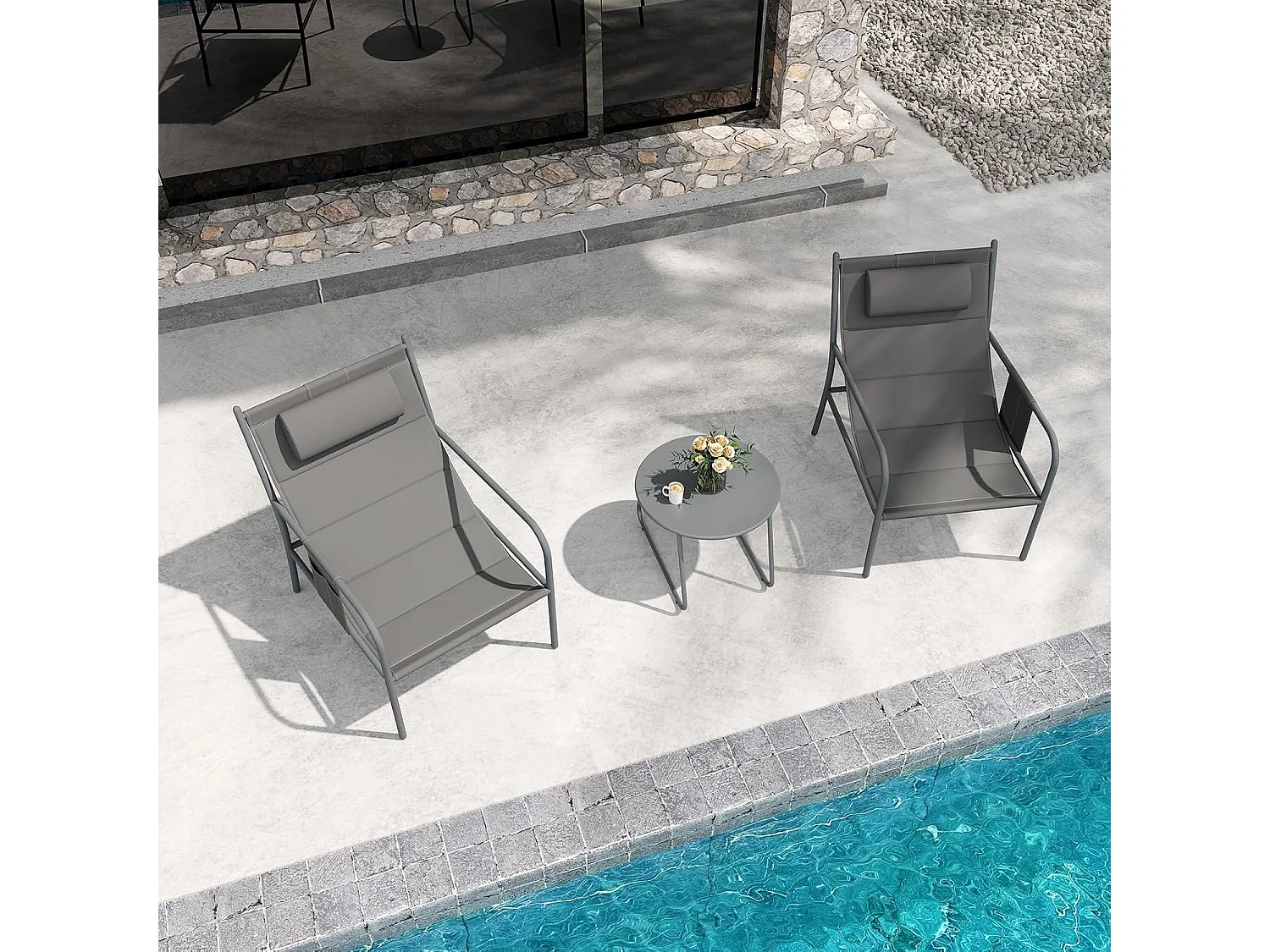 Ensemble de Meubles 3 Pcs de Patio Cadre en Métal Charge 150KG, Salon de Jardin 2 Chaises 1 Table Basse avec Tissu Respirant et Appui-Tête, pour Jardin Balcon, Gris