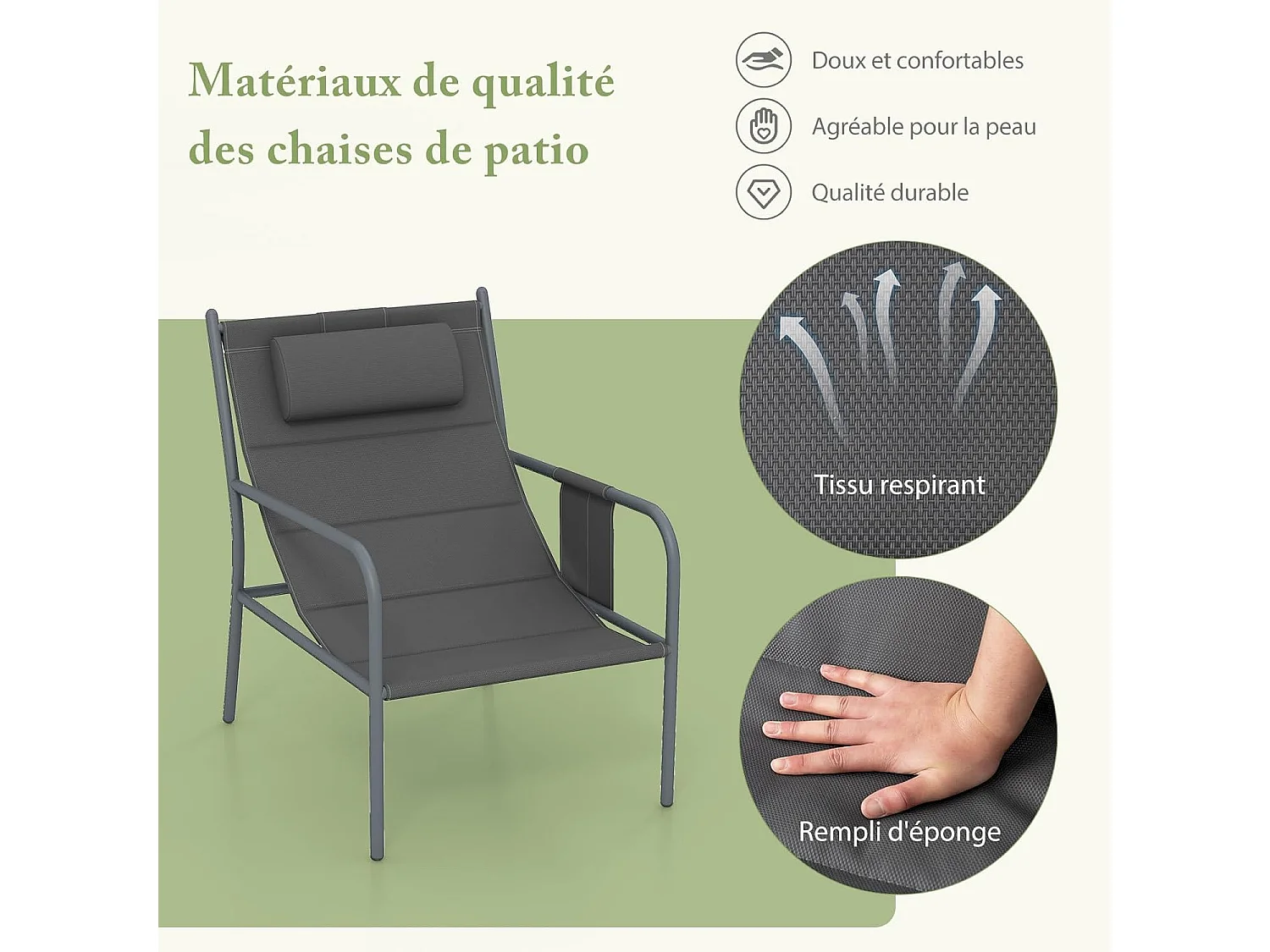 Ensemble de Meubles 3 Pcs de Patio Cadre en Métal Charge 150KG, Salon de Jardin 2 Chaises 1 Table Basse avec Tissu Respirant et Appui-Tête, pour Jardin Balcon, Gris