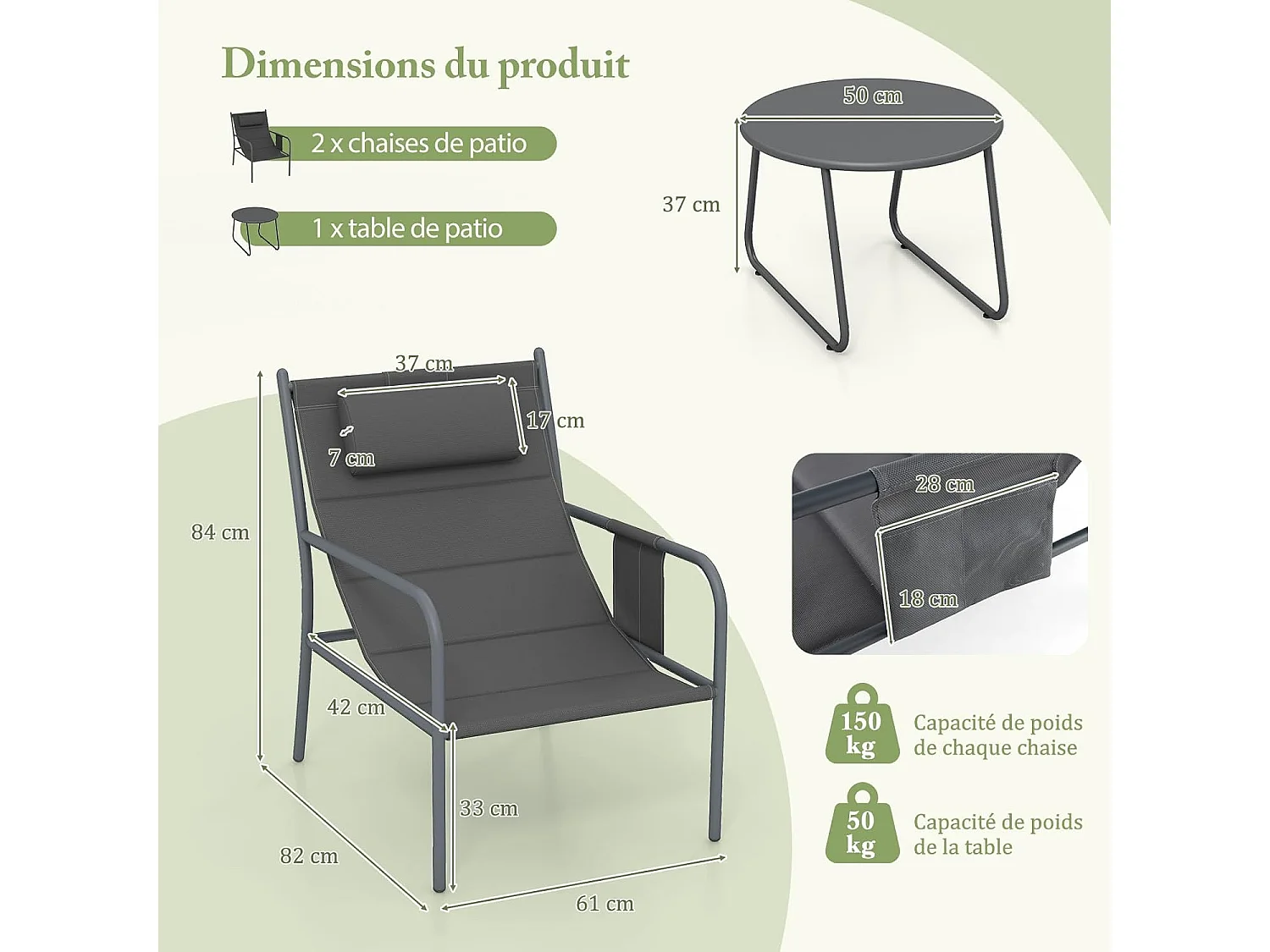 Ensemble de Meubles 3 Pcs de Patio Cadre en Métal Charge 150KG, Salon de Jardin 2 Chaises 1 Table Basse avec Tissu Respirant et Appui-Tête, pour Jardin Balcon, Gris