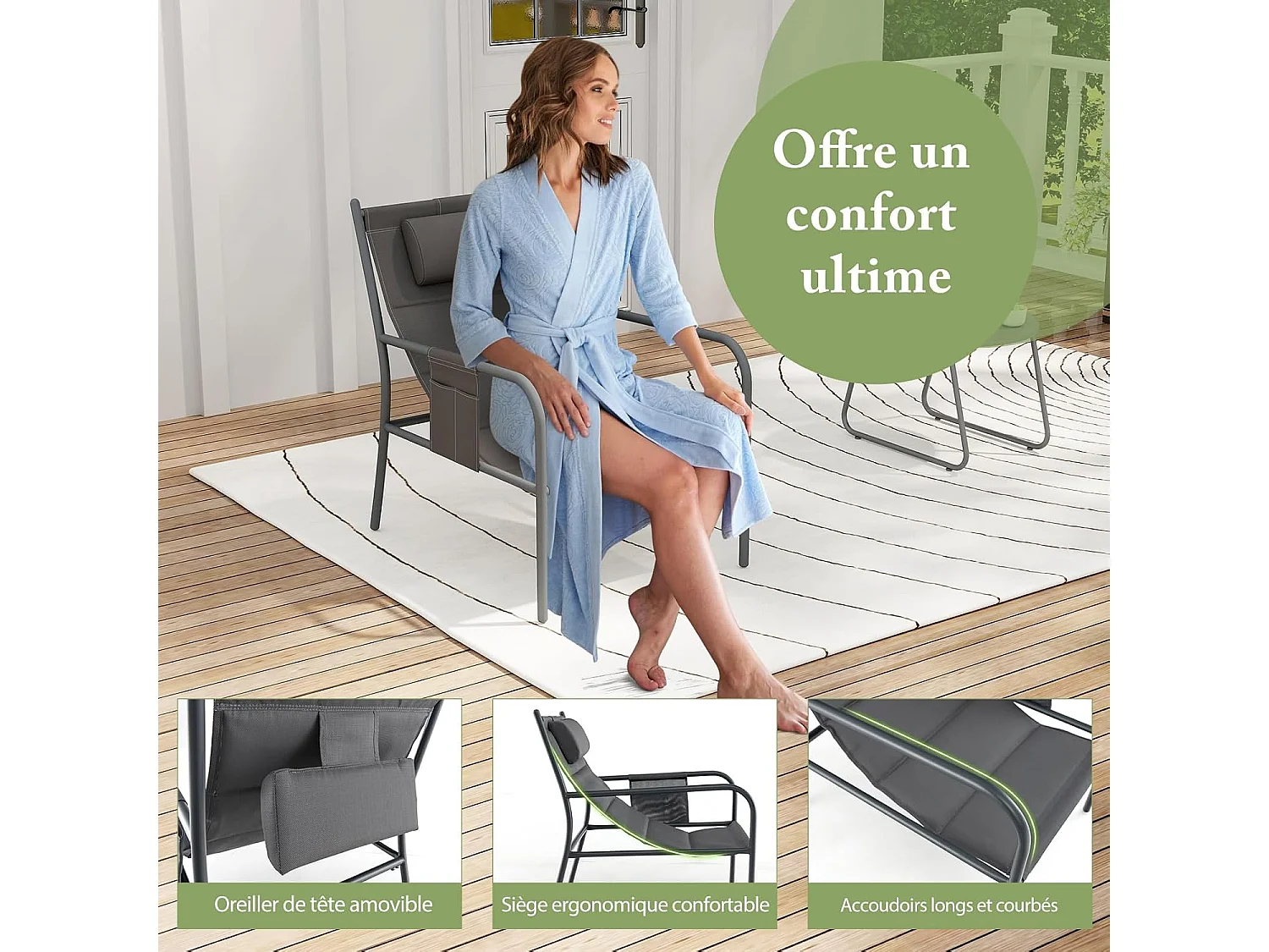 Ensemble de Meubles 3 Pcs de Patio Cadre en Métal Charge 150KG, Salon de Jardin 2 Chaises 1 Table Basse avec Tissu Respirant et Appui-Tête, pour Jardin Balcon, Gris