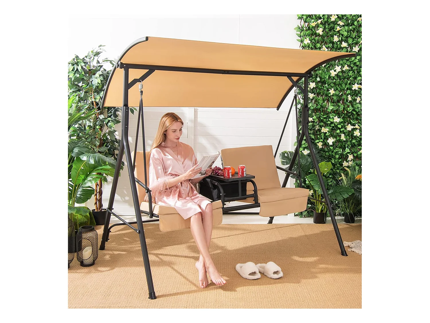 Balancelle d'Extérieur 2 Places avec Auvent Réglable et Sac Isotherme - Marron