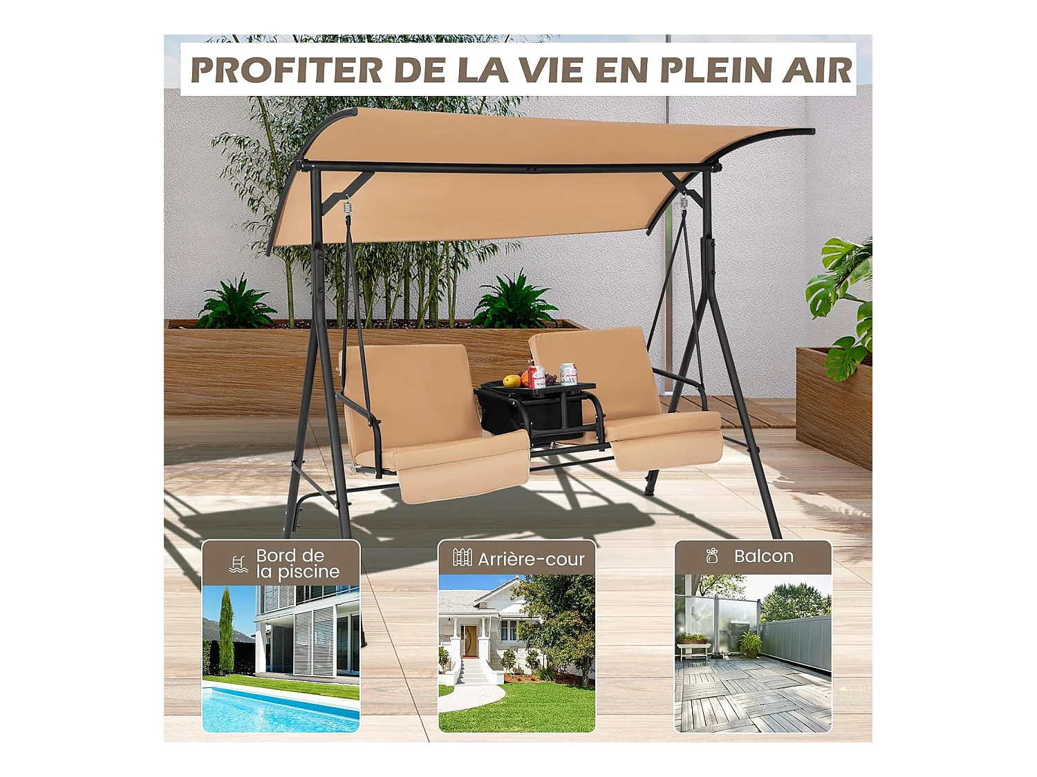 Balancelle d'Extérieur 2 Places avec Auvent Réglable et Sac Isotherme - Marron