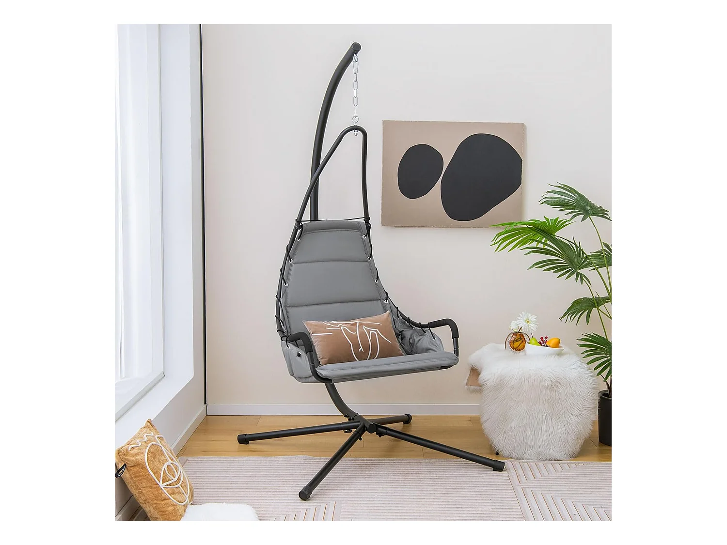 Fauteuil Suspendu avec Support en Acier, Balançoire Suspendue avec Siège Rembourré Extra Large, Chaise Hamac pour l'Intérieur et l'Extérieur, Charge 120 KG (Gris)