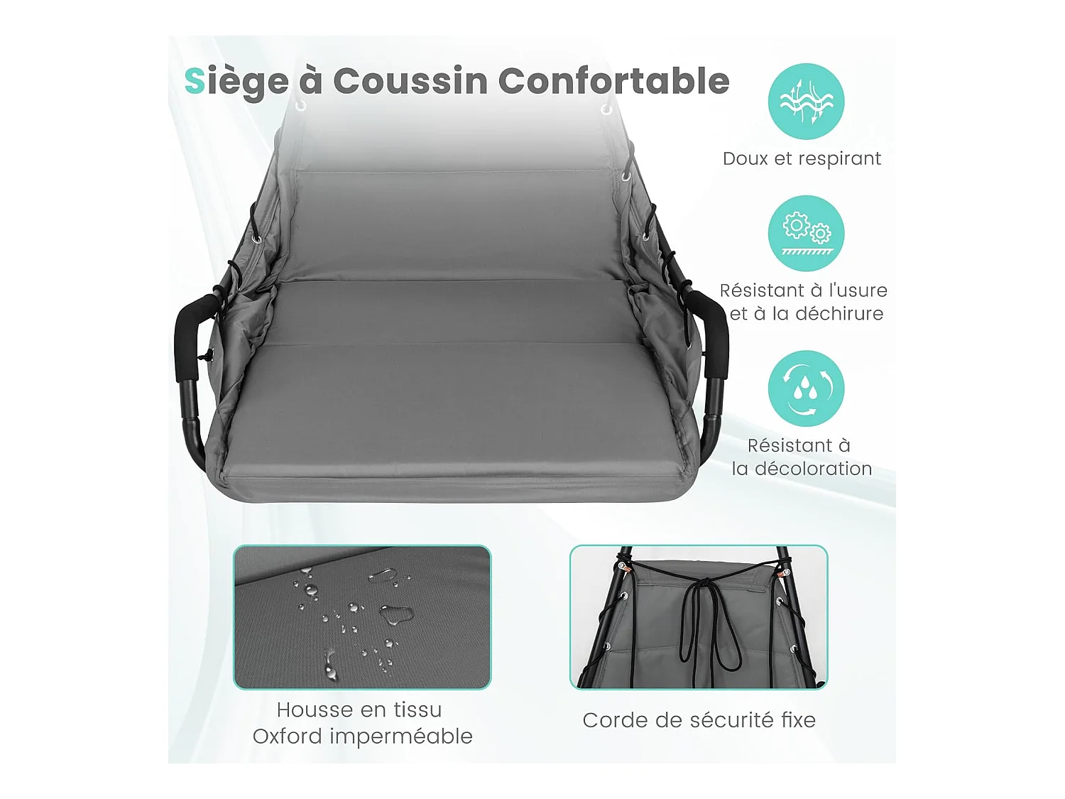 Fauteuil Suspendu avec Support en Acier, Balançoire Suspendue avec Siège Rembourré Extra Large, Chaise Hamac pour l'Intérieur et l'Extérieur, Charge 120 KG (Gris)