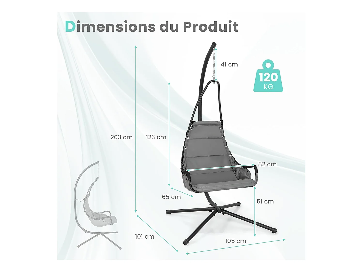 Fauteuil Suspendu avec Support en Acier, Balançoire Suspendue avec Siège Rembourré Extra Large, Chaise Hamac pour l'Intérieur et l'Extérieur, Charge 120 KG (Gris)