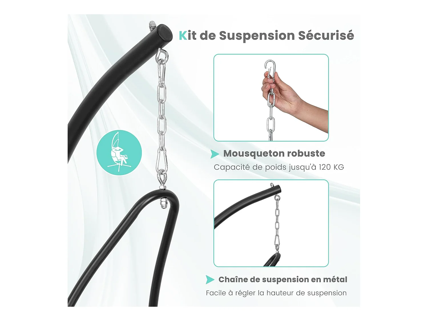 Fauteuil Suspendu avec Support en Acier, Balançoire Suspendue avec Siège Rembourré Extra Large, Chaise Hamac pour l'Intérieur et l'Extérieur, Charge 120 KG (Gris)
