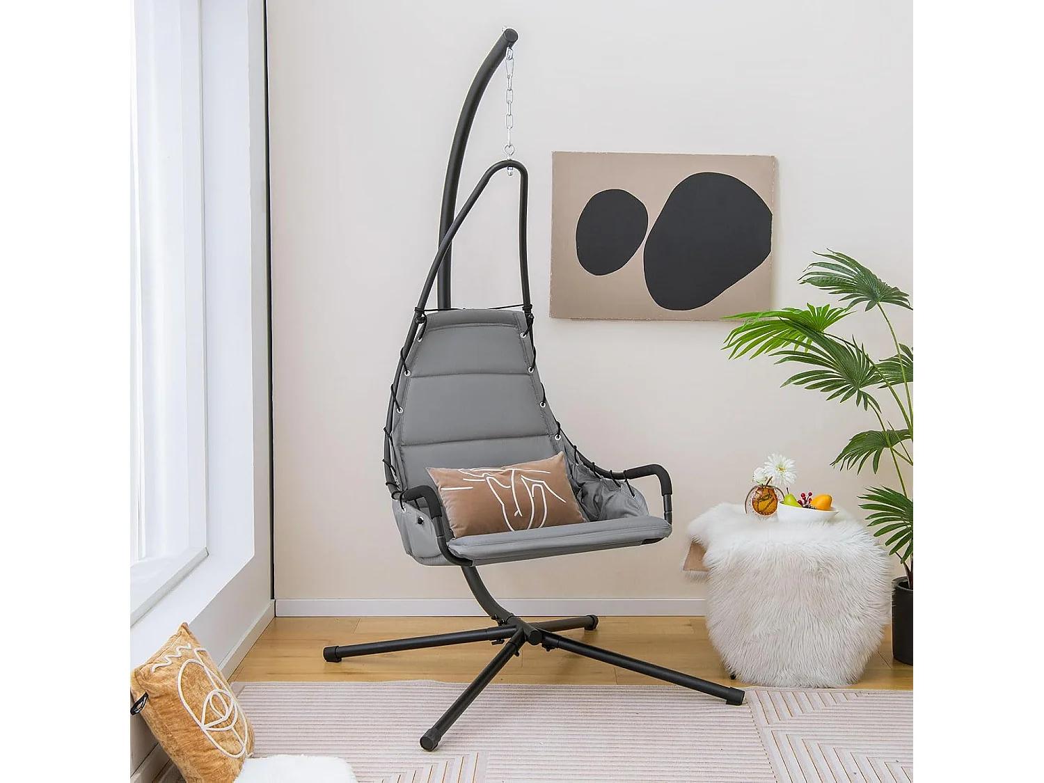Fauteuil Suspendu avec Support en Acier, Balançoire Suspendue avec Siège Rembourré Extra Large, Chaise Hamac pour l'Intérieur et l'Extérieur, Charge 120 KG (Gris)