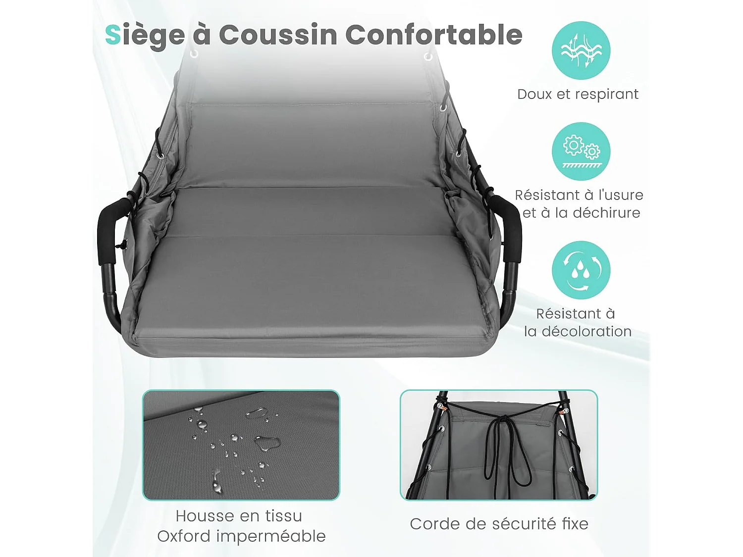 Fauteuil Suspendu avec Support en Acier, Balançoire Suspendue avec Siège Rembourré Extra Large, Chaise Hamac pour l'Intérieur et l'Extérieur, Charge 120 KG (Gris)