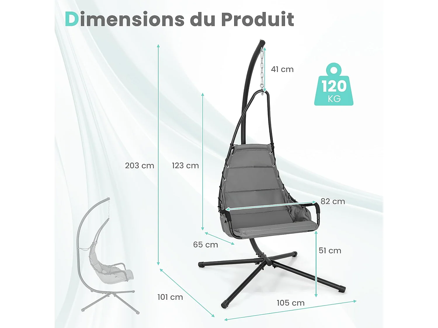 Fauteuil Suspendu avec Support en Acier, Balançoire Suspendue avec Siège Rembourré Extra Large, Chaise Hamac pour l'Intérieur et l'Extérieur, Charge 120 KG (Gris)