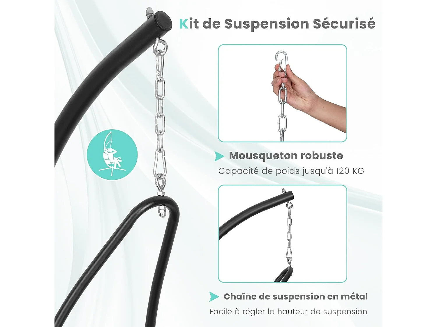Fauteuil Suspendu avec Support en Acier, Balançoire Suspendue avec Siège Rembourré Extra Large, Chaise Hamac pour l'Intérieur et l'Extérieur, Charge 120 KG (Gris)