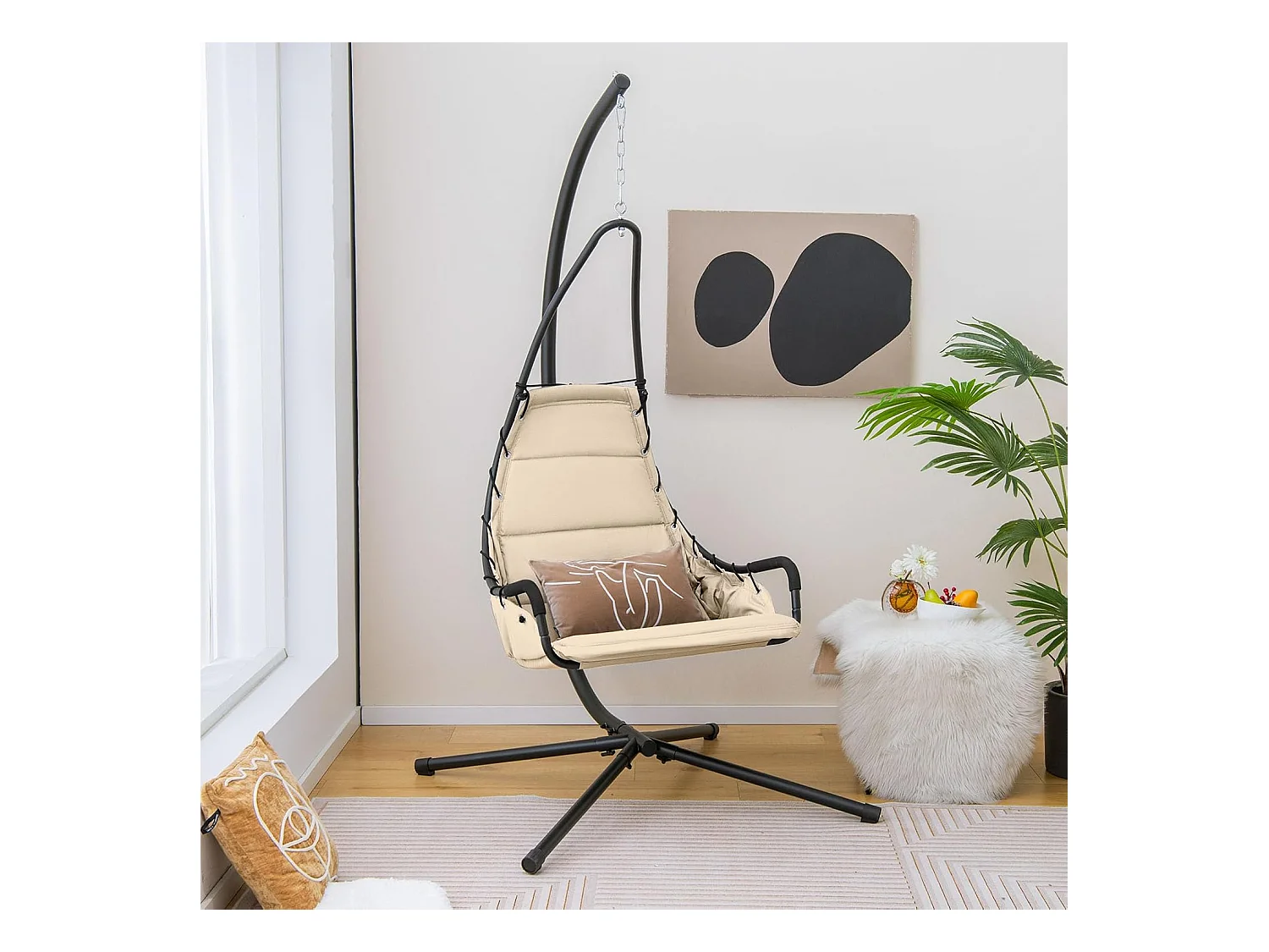 Fauteuil Suspendu avec Support en Acier, Balançoire Suspendue avec Siège Rembourré Extra Large, Chaise Hamac pour l'Intérieur et l'Extérieur, Charge 120 KG (Beige)