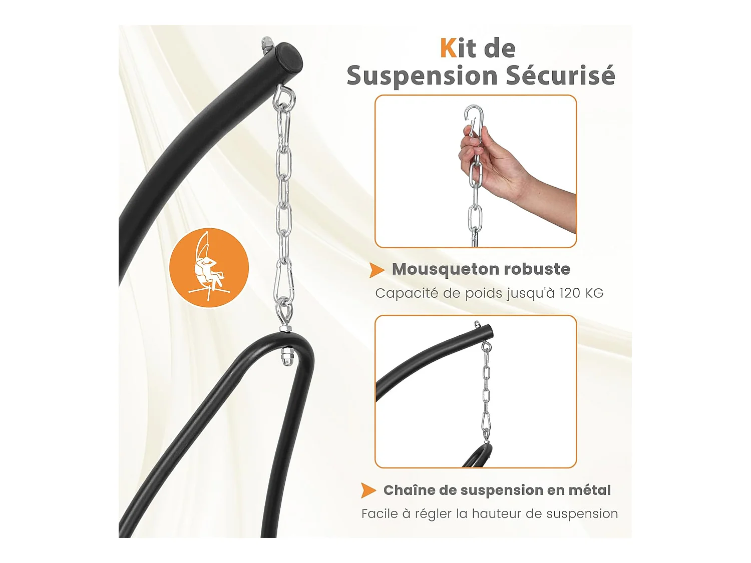 Fauteuil Suspendu avec Support en Acier, Balançoire Suspendue avec Siège Rembourré Extra Large, Chaise Hamac pour l'Intérieur et l'Extérieur, Charge 120 KG (Beige)