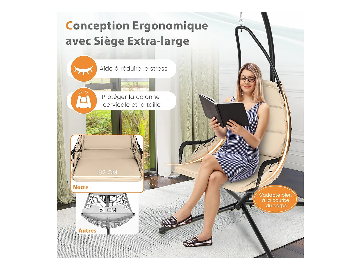 Fauteuil Suspendu avec Support en Acier, Balançoire Suspendue avec Siège Rembourré Extra Large, Chaise Hamac pour l'Intérieur et l'Extérieur, Charge 120 KG (Beige)