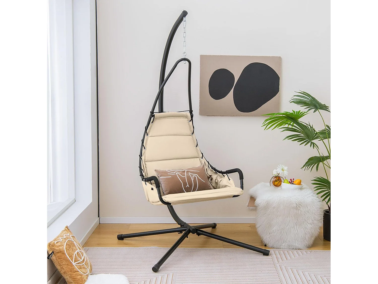 Fauteuil Suspendu avec Support en Acier, Balançoire Suspendue avec Siège Rembourré Extra Large, Chaise Hamac pour l'Intérieur et l'Extérieur, Charge 120 KG (Beige)