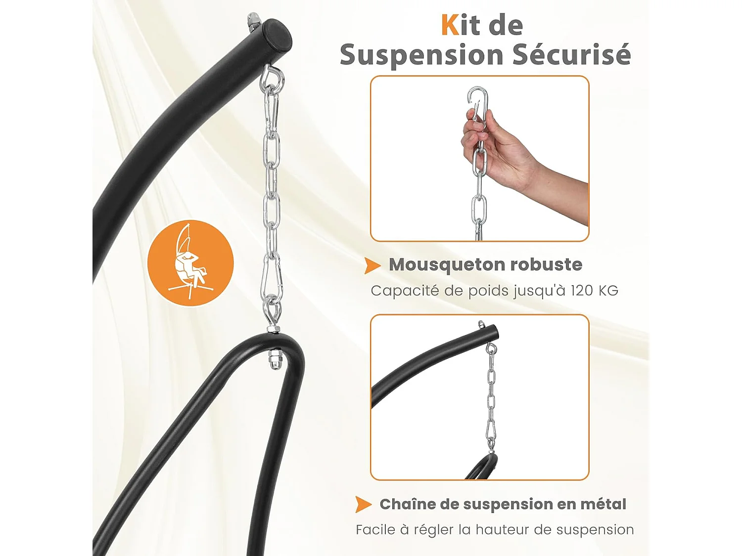 Fauteuil Suspendu avec Support en Acier, Balançoire Suspendue avec Siège Rembourré Extra Large, Chaise Hamac pour l'Intérieur et l'Extérieur, Charge 120 KG (Beige)