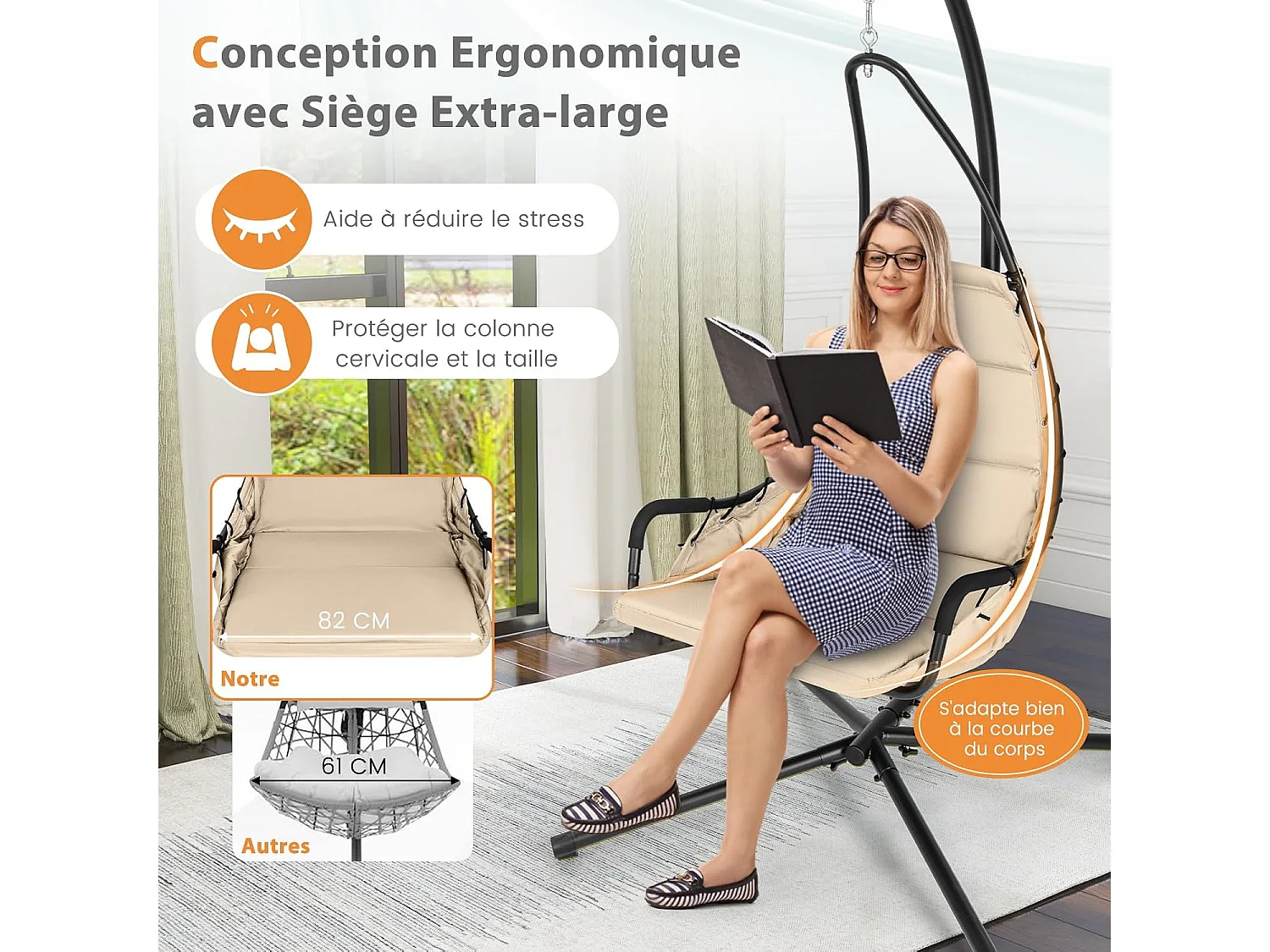 Fauteuil Suspendu avec Support en Acier, Balançoire Suspendue avec Siège Rembourré Extra Large, Chaise Hamac pour l'Intérieur et l'Extérieur, Charge 120 KG (Beige)