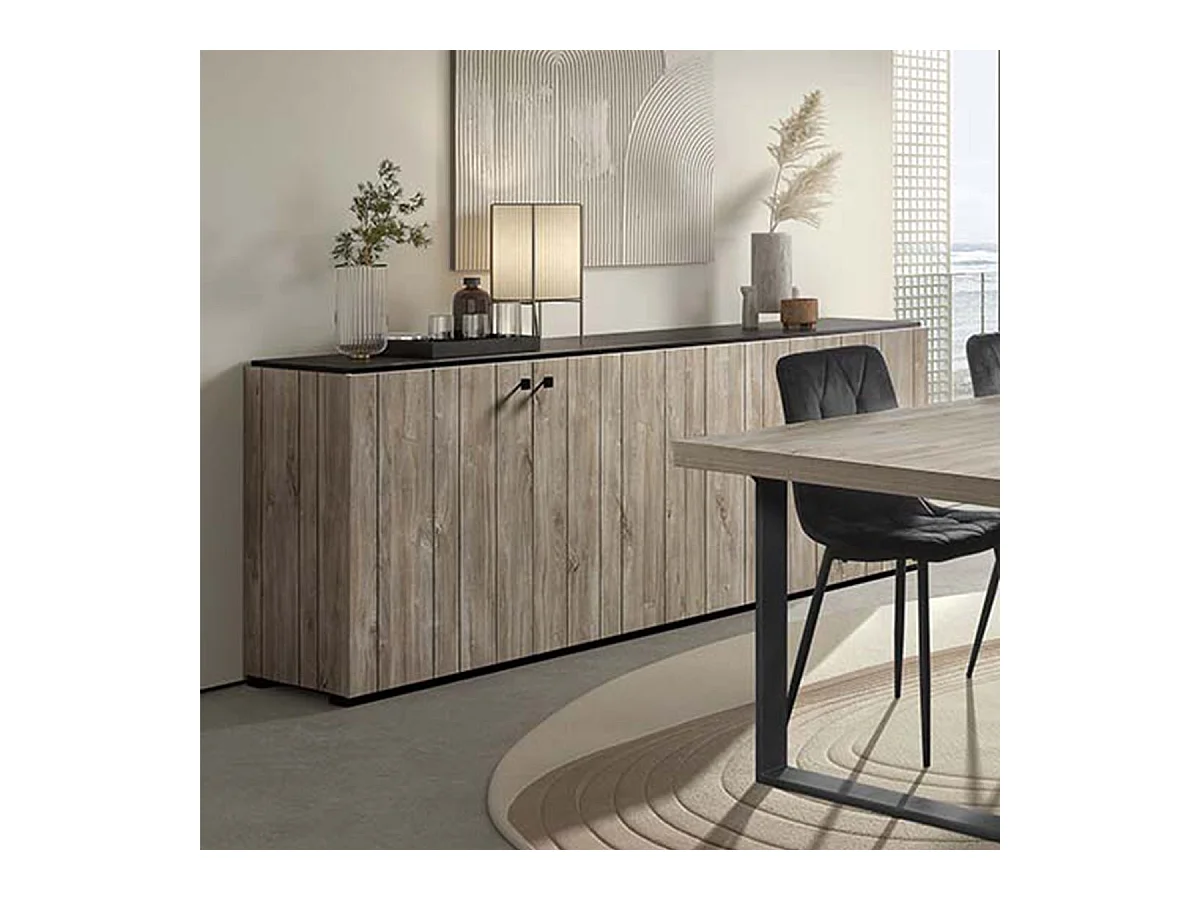 Buffet 4 portes aspect lames de bois finition Beach et plateau noir - THOMAS