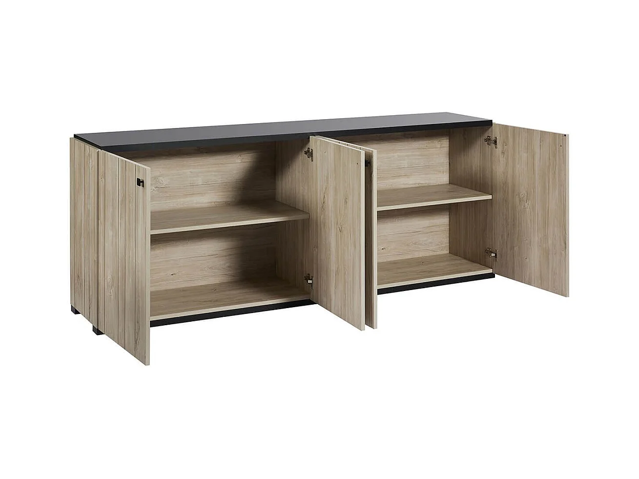 Buffet 4 portes aspect lames de bois finition Beach et plateau noir - THOMAS