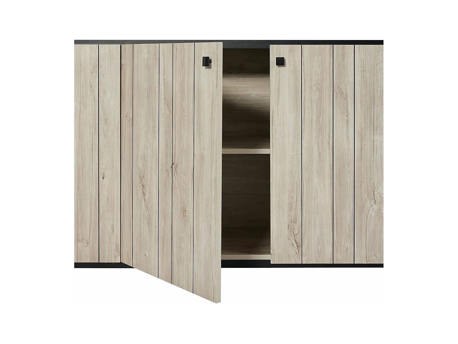 Buffet 4 portes aspect lames de bois finition Beach et plateau noir - THOMAS