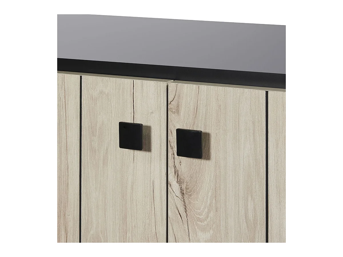 Buffet 4 portes aspect lames de bois finition Beach et plateau noir - THOMAS