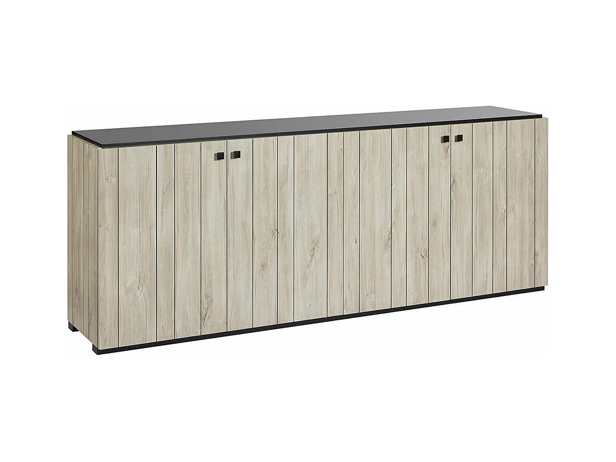 Buffet 4 portes aspect lames de bois finition Beach et plateau noir - THOMAS